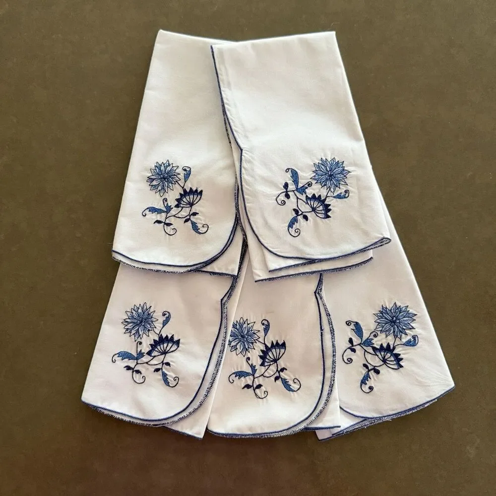 Five (5) B.M. Jabara And Sons Blue Floral Blue White Emboidered Floral Napkins